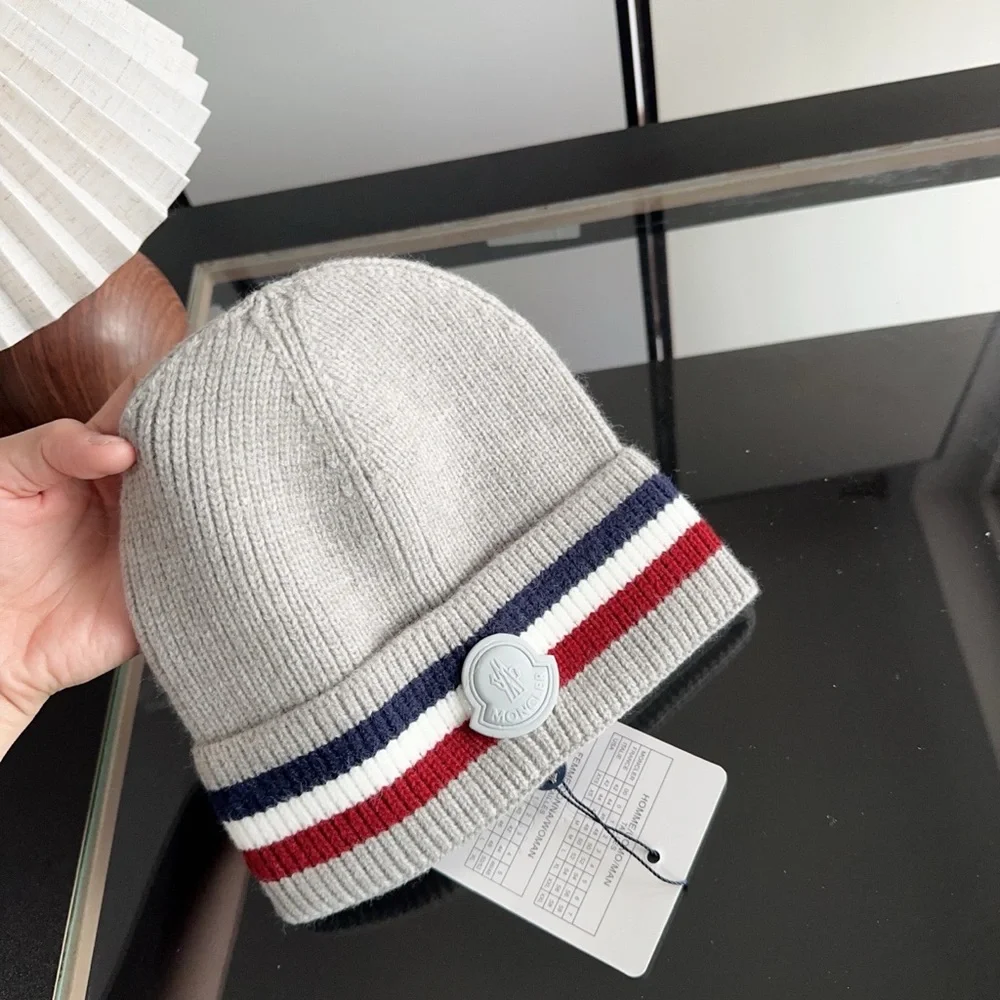 Moncler Kids Light Grey Beanie with Navy & Red Stripe Detail
